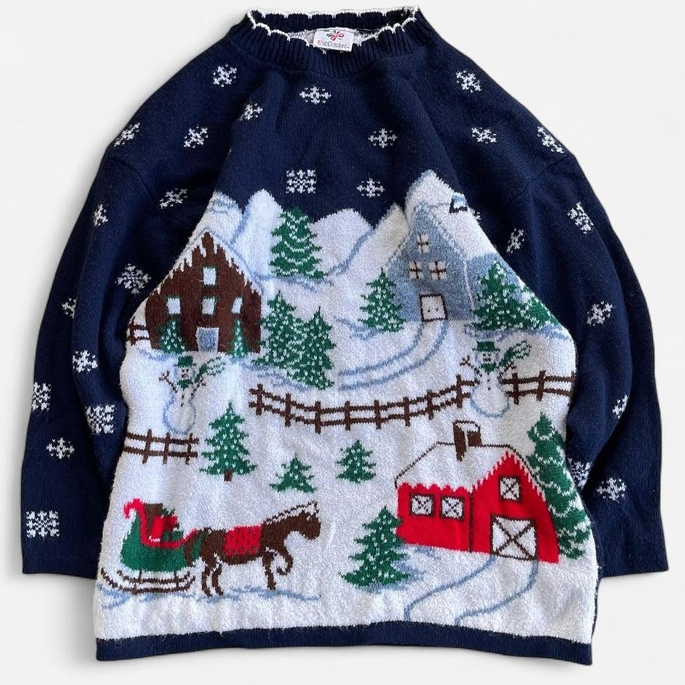 Vintage Nutcracker Navy Blue Acrylic Knit Winter Christmas Scene Festive Sweater